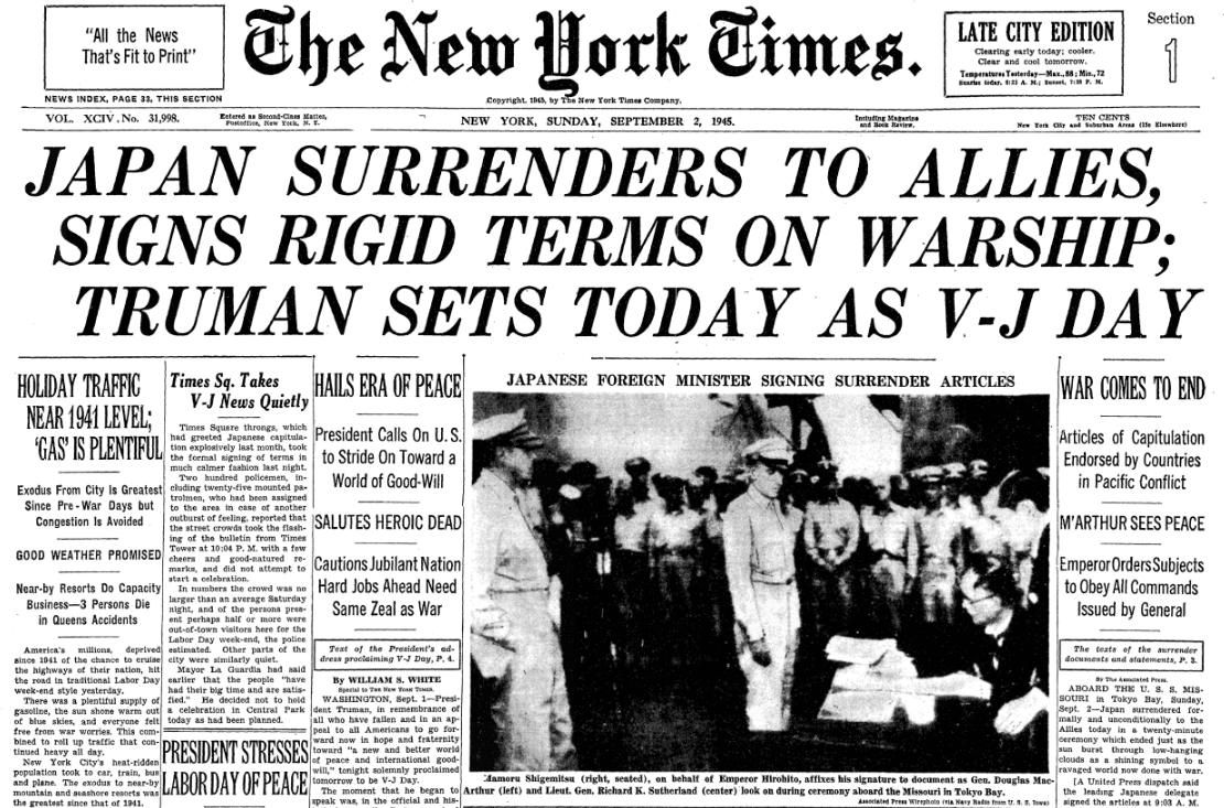 New York Times Reports Of Japans Signed Surrender 2Nd Setp 1945